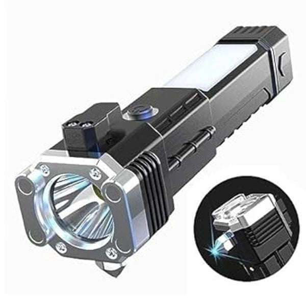 Portable 3W Rechargeable LED Torch Flashlight with Long Beam, Strong Magnet, Hammer, Glass Breaker & Seat Belt Cutter – 4 Modes for Car, Camping & Outdoor