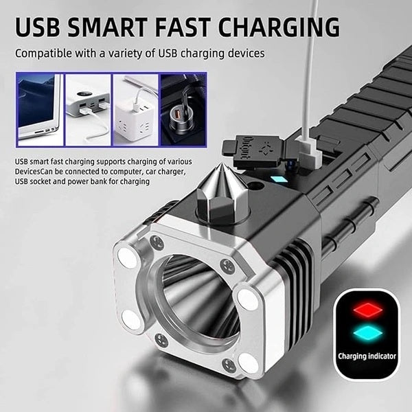 Portable 3W Rechargeable LED Torch Flashlight with Long Beam, Strong Magnet, Hammer, Glass Breaker & Seat Belt Cutter – 4 Modes for Car, Camping & Outdoor