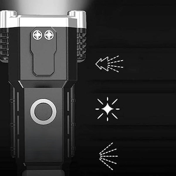 Portable 3W Rechargeable LED Torch Flashlight with Long Beam, Strong Magnet, Hammer, Glass Breaker & Seat Belt Cutter – 4 Modes for Car, Camping & Outdoor