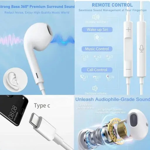 Wired Type-C Earphones with Noise Cancellation & In-Built Mic | High Bass Stereo In-Ear Headphones for Mobile, Laptop & Tablet (Copy) (Copy) (Copy)