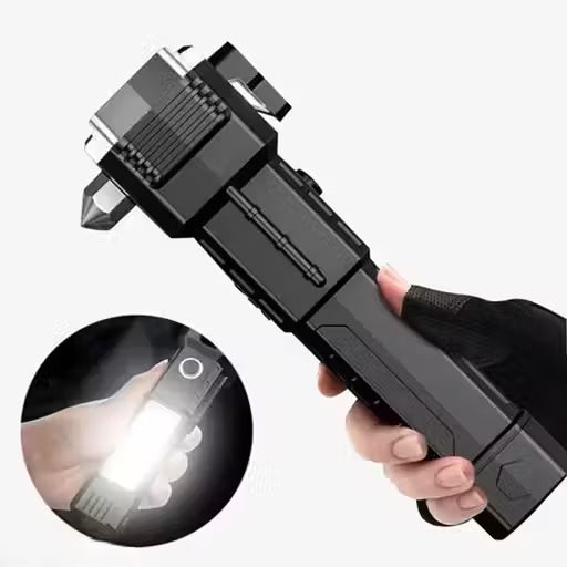 Portable 3W Rechargeable LED Torch Flashlight with Long Beam, Strong Magnet, Hammer, Glass Breaker & Seat Belt Cutter – 4 Modes for Car, Camping & Outdoor
