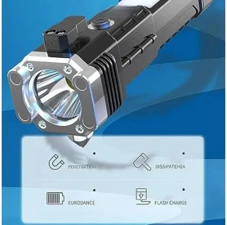 Portable 3W Rechargeable LED Torch Flashlight with Long Beam, Strong Magnet, Hammer, Glass Breaker & Seat Belt Cutter – 4 Modes for Car, Camping & Outdoor