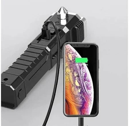 Portable 3W Rechargeable LED Torch Flashlight with Long Beam, Strong Magnet, Hammer, Glass Breaker & Seat Belt Cutter – 4 Modes for Car, Camping & Outdoor
