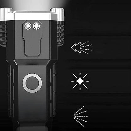 Portable 3W Rechargeable LED Torch Flashlight with Long Beam, Strong Magnet, Hammer, Glass Breaker & Seat Belt Cutter – 4 Modes for Car, Camping & Outdoor
