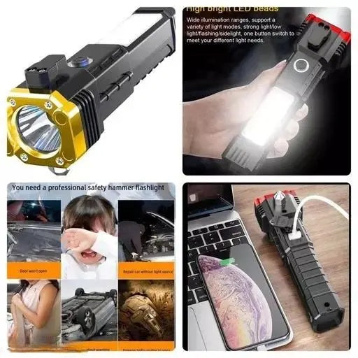 Portable 3W Rechargeable LED Torch Flashlight with Long Beam, Strong Magnet, Hammer, Glass Breaker & Seat Belt Cutter – 4 Modes for Car, Camping & Outdoor